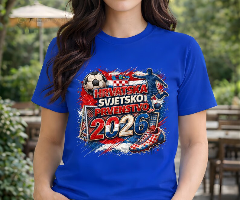 May include: A royal blue t-shirt featuring a soccer-themed graphic. The design includes a soccer ball, a player kicking a ball, a soccer shoe, and the text "HRVATSKA SVJETSKO PRVENSTVO 2026" in red and white, with a Croatian flag.