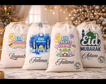 Personalized Eid Mubarak Gift Sacks, Custom Eid Treat Bag for Kids 20 x 12 or 26.8 x 18.9 inches, Off-White Eidi Drawstring Bags