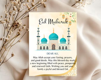 Handmade Customizable Eid Mubarak Greeting Card, Islamic Eid Decor, 5x7 Handmade Eid Card, Muslim Holiday Greeting,