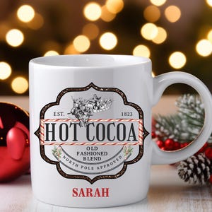 Personalized Hot Cocoa Christmas Mug, Vintage Holiday Kitchen Decor