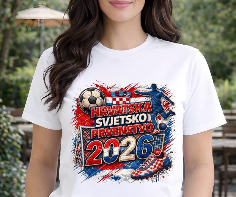 bold Croatia soccer design with Hrvatska Svjetsko Prvenstvo 2026 text, soccer ball, cleats, and Croatia flag colors. CROATIA WORLD CUP SUPPORTER SHIRT. CROATIA JERSEY TEE