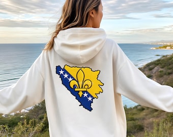 Bosnian Flag with Lilly Embroidery Appearance DTF Hoodie or Shirt, Unisex Bosnia and Herzegovina Apparel