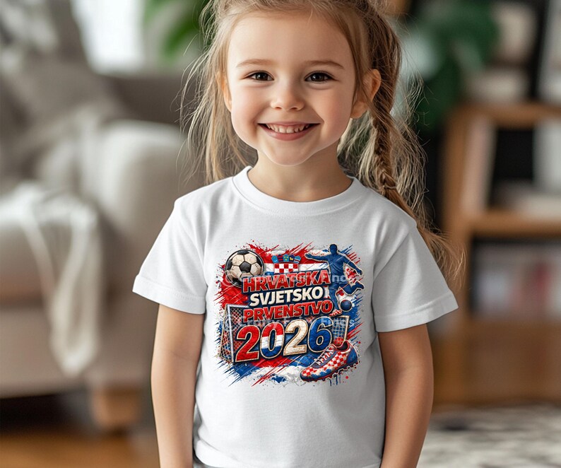 May include: A white t-shirt featuring a colorful graphic design with the text "HRVATSKA SVJETSKO PRVENSTVO 2026". The design includes a soccer ball, a soccer player, and the Croatian flag colors.