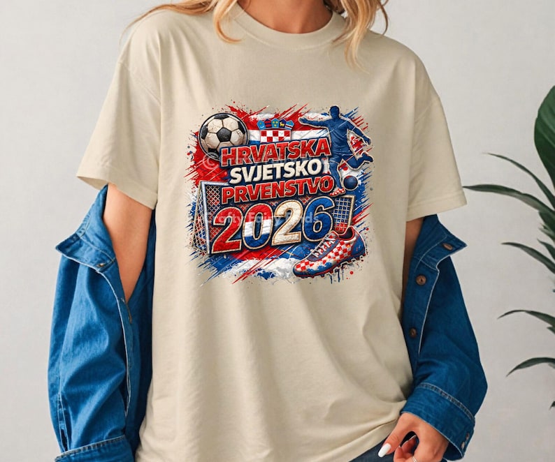 May include: Beige t-shirt featuring a colorful graphic design with the text "HRVATSKA SVJETSKO PRVENSTVO 2026". The design includes a soccer ball, a soccer player, a soccer shoe, and the Croatian flag colors.