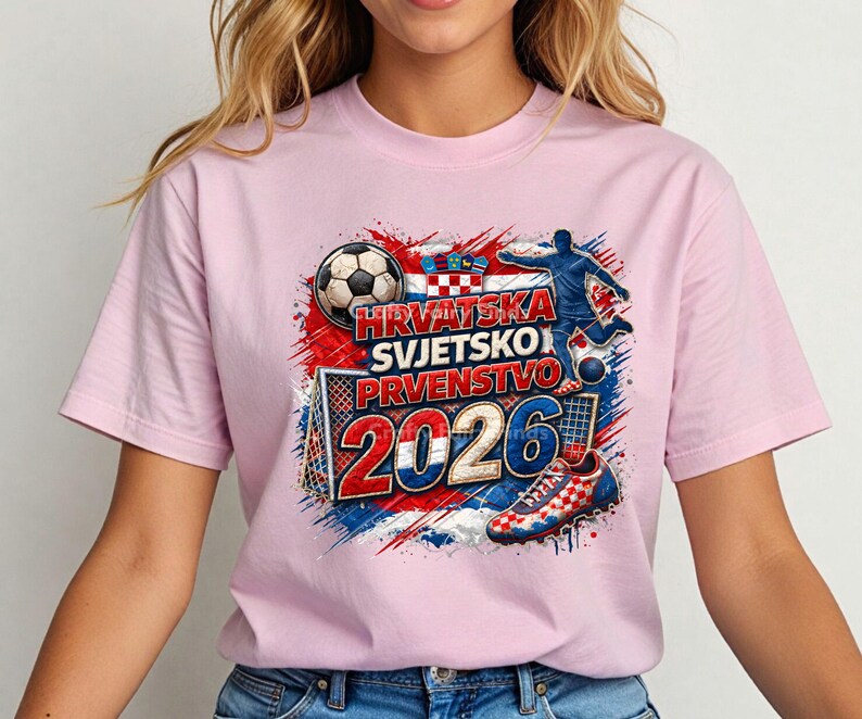 May include: A light pink t-shirt featuring a soccer-themed graphic. The design includes a soccer ball, a soccer player, and the text "HRVATSKA SVJETSKO PRVENSTVO 2026" in red, white, and blue, with a Croatian flag.