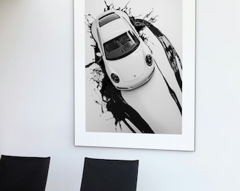 Porsche Wall Art-Classic Vehicle Print - Porsche GT Wall Decor - White Porsche GT Splashed in Black Oil