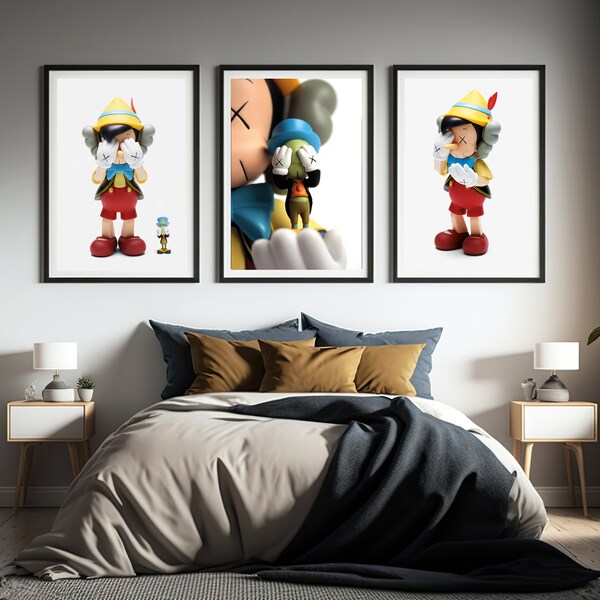 Kaws Pinocho Poster Print, Set of 3 print, Hypebeast Figure, Graffiti, Hypebeast Toys, Kaws picture, graffiti wall art, Digital Download