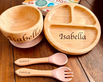 Baby Bamboo Plate Set | Toddler | Girl | Boy | Baby Dining Set | Custom Name Engraved Kids Plates | Children Weaning Set | 1st Birthday Gift