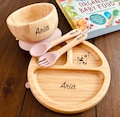 Personalized Bamboo Baby Dining Set: Engraved Name Plate, Weaning Bowl