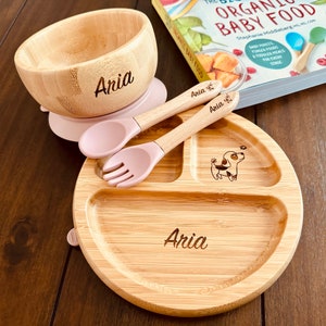 Personalized Bamboo Baby Dining Set: Engraved Name Plate, Weaning Bowl