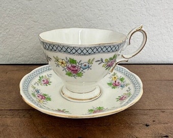 Royal Albert Trellis Footed Teacup and Saucer, Floral, Blue & Gold