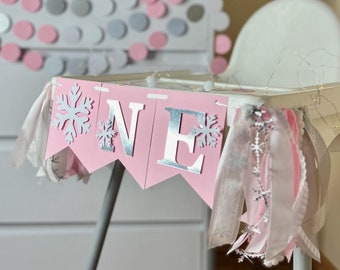 Girl Winter Onederland Highchair Banner - Snowflake 1st Birthday Decorations - Pink, White & Silver Winter Birthday Party Decor