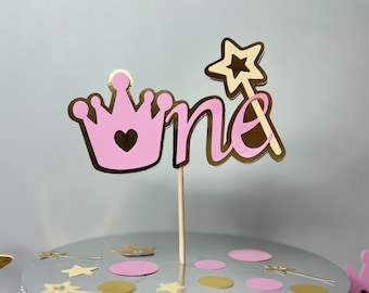 Prinses taarttopper, kroontaart, roze en gouden taarttopper, 3D-taarttopper, taarttopper met één kroon, blozen gouden feestdecor, 1e verjaardag