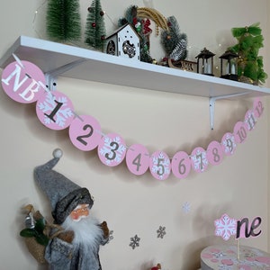 Banner fotográfico de 12 meses de Winter Onederland Decoraciones para el primer cumpleaños de Snowflake Girl Foto del primer cumpleaños de Snowflake Girl por mes Banner del primer año