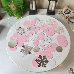 Confettis flocon de neige - Décorations d'hiver pour le 1er anniversaire d'une fille d'Onederland - Décoration de fête prénatale de Noël rose, blanche et argentée