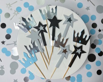 Toppers de cupcakes de príncipe, baby shower de plata azul niño, decoración de cumpleaños de corona real, decoración de príncipe de 1er cumpleaños, toppers de cupcakes de varita mágica