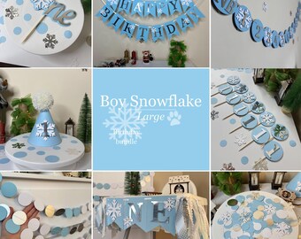 Pacchetto di compleanno per bambini Winter ONEderland, tema fiocco di neve, decorazioni per il primo compleanno, decorazioni per feste blu, bianche e argentate