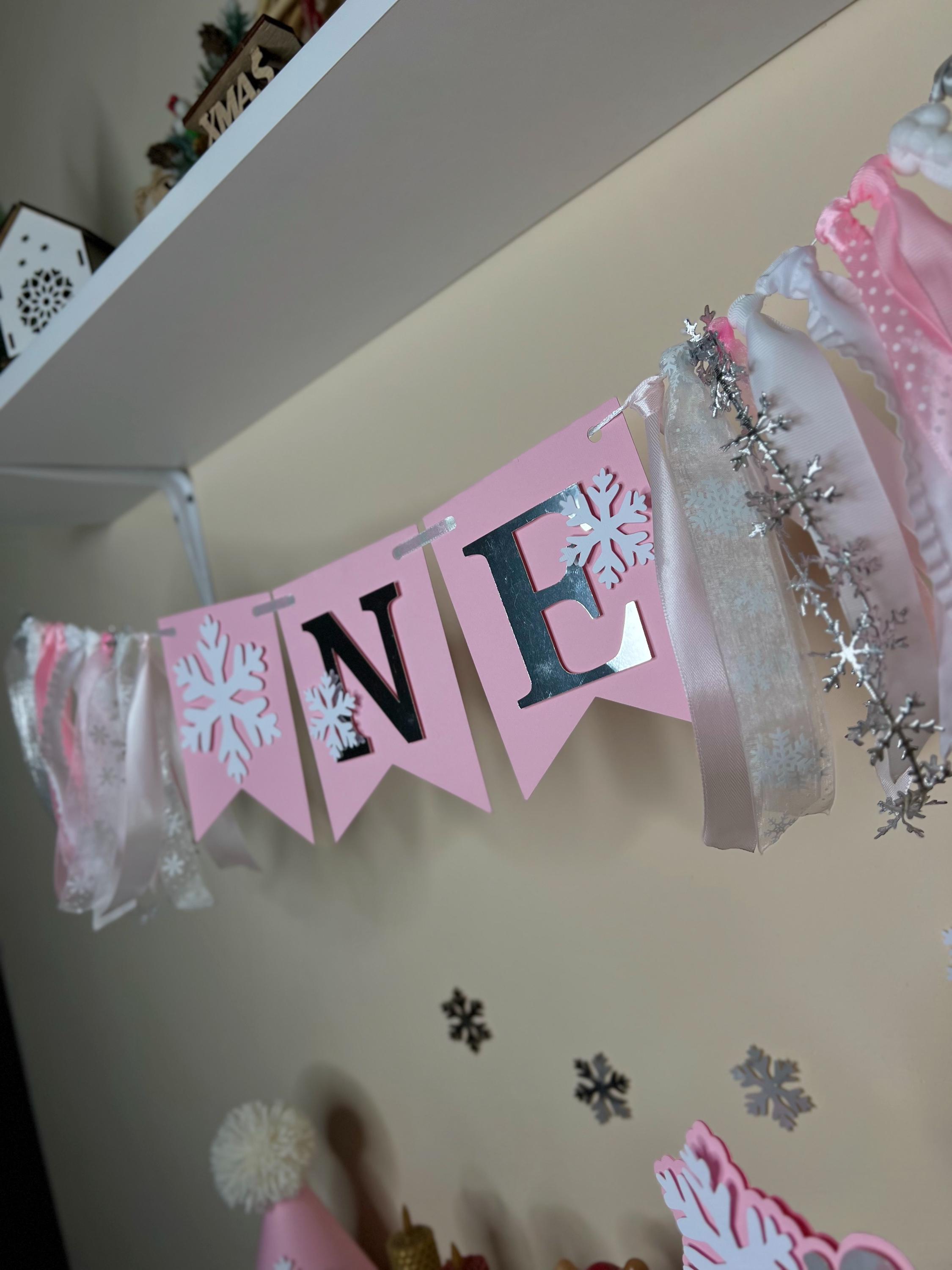Winter Onederland 1st Birthday Highchair Banner - Snowflake Themed Girl Birthday Decor - View #2