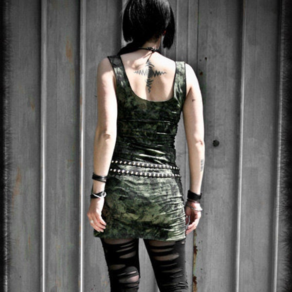 DUSTY - green and black short tube Dress, Post Apocalyptic fitted mini dress, Alternative clothing for rock women