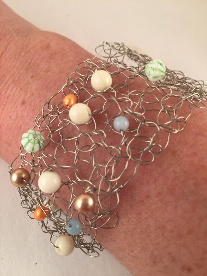 Hand crocheted beaded wire cuff bracelet artisan jewelry handmade image 5