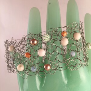 Hand crocheted beaded wire cuff bracelet artisan jewelry handmade image 1