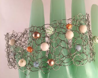 Hand crocheted beaded wire cuff bracelet artisan jewelry handmade