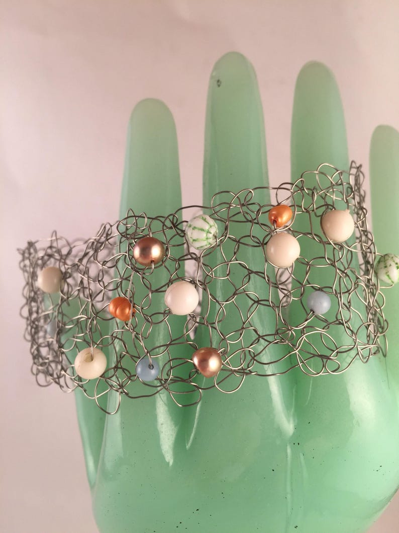 Hand crocheted beaded wire cuff bracelet artisan jewelry handmade image 1