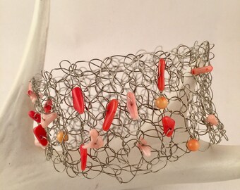 Hand crocheted beaded wire cuff bracelet