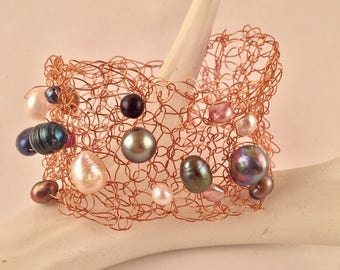 Hand crocheted beaded wire cuff bracelet