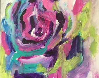 Abstract Acrylic floral rose 12x12 gallery wrap canvas original painting expressionism bold bright home decor