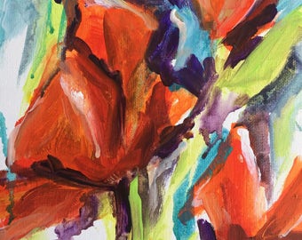 Abstract floral painting  Flower Art shabby chic home decor Red Orange Poppies expressionism