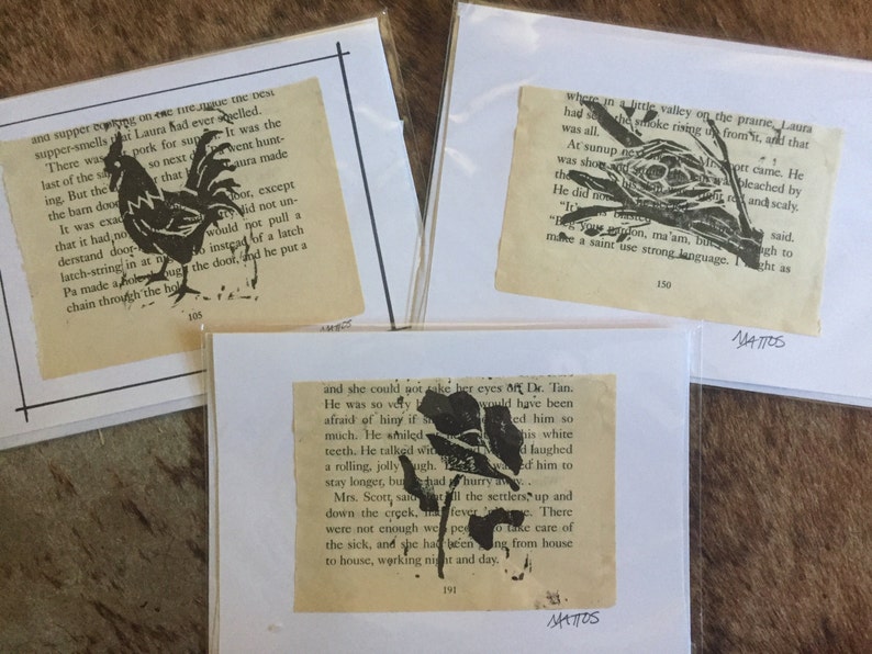 Hand printed blank greeting card original linocut inked art print up upcycled mixed media image 6