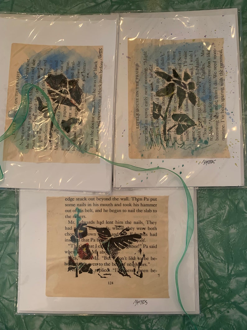 Hand printed blank greeting card original linocut inked art print up upcycled mixed media image 2