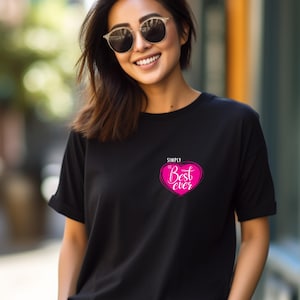 May include: Black t-shirt with a pink heart graphic that says "Simply Best Ever".