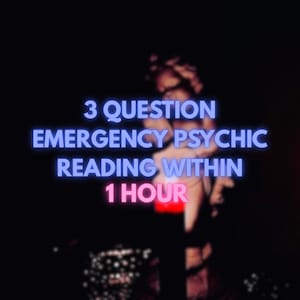 May include: Image with text that reads "3 QUESTION EMERGENCY PSYCHIC READING WITHIN 1 HOUR" in neon blue and pink. A blurred image of a statue is in the background, with a dark background.