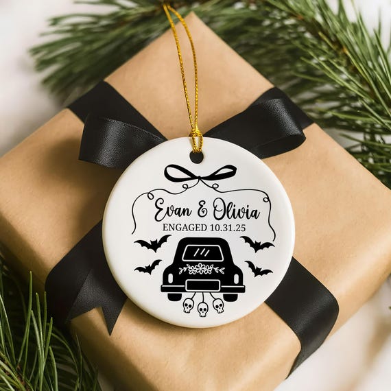 Halloween Engagement Gift for Spooky Bride Engaged Ornament for Goth Wedding Personalized Name and Date Anniversary Keepsake