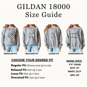 K&ouml;nnte beinhalten: Eine Gr&ouml;&szlig;entabelle f&uuml;r Gildan 18000 Sweatshirts. Die Tabelle zeigt vier Modelle, die graue Sweatshirts in den Gr&ouml;&szlig;en S, M, L und XL tragen. Der Text beschreibt die Passformoptionen: Regular, Relaxed, Loose und Oversized. Modelldaten: 163cm, 54kg, 86cm Brustumfang, 67cm Taille, 97cm H&uuml;fte.