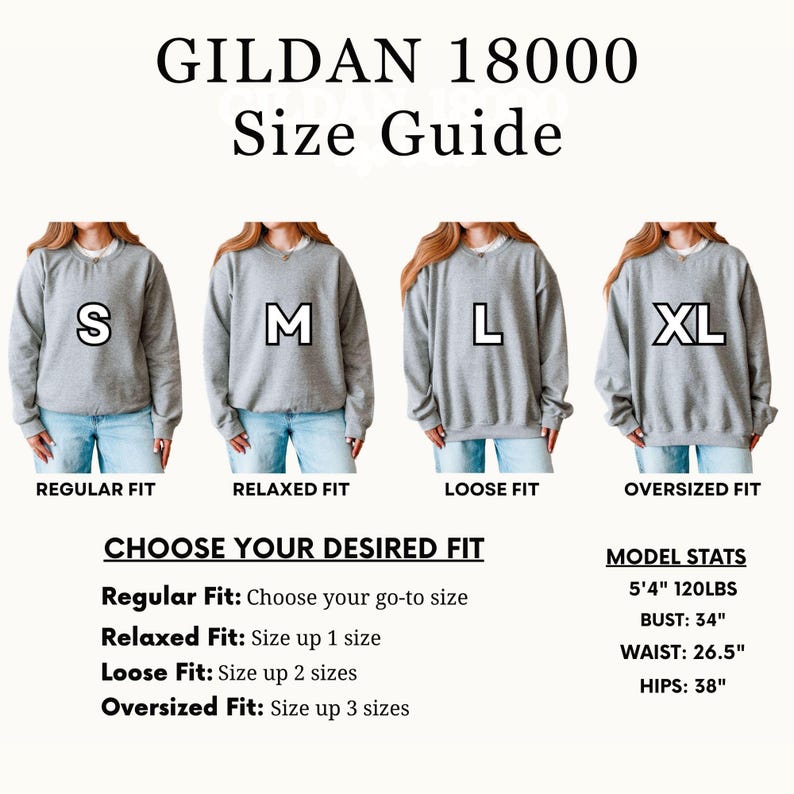 K&ouml;nnte beinhalten: Eine Gr&ouml;&szlig;entabelle f&uuml;r Gildan 18000 Sweatshirts. Die Tabelle zeigt vier Modelle, die graue Sweatshirts in den Gr&ouml;&szlig;en S, M, L und XL tragen. Der Text beschreibt die Passformoptionen: Regular, Relaxed, Loose und Oversized. Modelldaten: 163cm, 54kg, 86cm Brustumfang, 67cm Taille, 97cm H&uuml;fte.