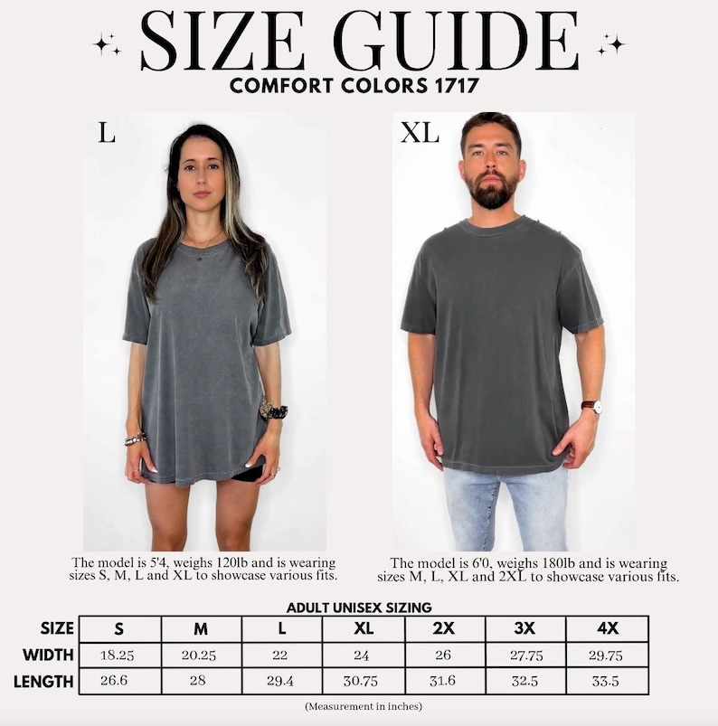K&ouml;nnte beinhalten: Gr&ouml;&szlig;entabelle f&uuml;r Comfort Colors 1717 T-Shirts. Das Bild zeigt eine Frau und einen Mann, die die Shirts tragen. Die Gr&ouml;&szlig;entabelle enth&auml;lt Ma&szlig;e in Zoll f&uuml;r Unisex-Erwachsenengr&ouml;&szlig;en, einschlie&szlig;lich Breite und L&auml;nge.