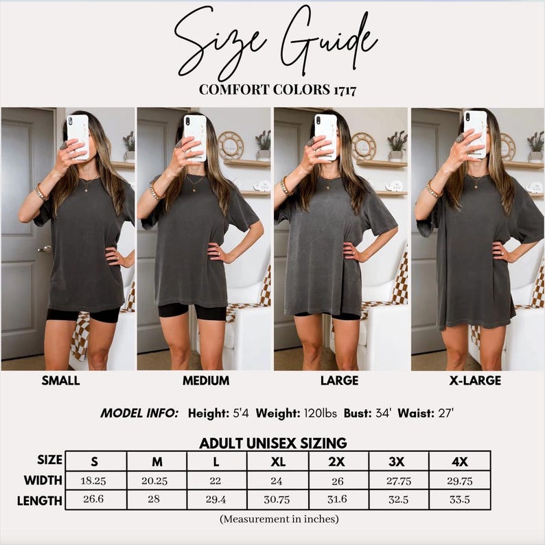 K&ouml;nnte beinhalten: Gr&ouml;&szlig;entabelle f&uuml;r Unisex-T-Shirts von Comfort Colors 1717. Das Bild zeigt ein Model, das das T-Shirt in vier Gr&ouml;&szlig;en tr&auml;gt: Small, Medium, Large und X-Large. Die Gr&ouml;&szlig;entabelle enth&auml;lt Ma&szlig;e in Zoll f&uuml;r Breite und L&auml;nge, von Gr&ouml;&szlig;e S bis 4XL.