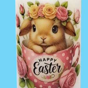 Decoupage Easter Candle • Bunny in Teacup, Inspirational Quote