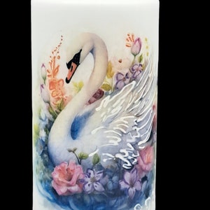 White Swan Pillar Candle: Unscented Wax Candle with Floral Design (3&quot;x5&quot;)