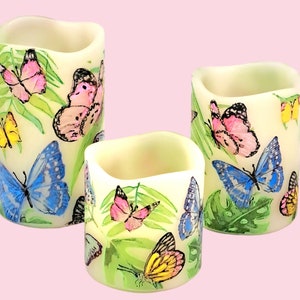 Butterfly LED Candle Set: Decoupage Wax Pillars with Remote