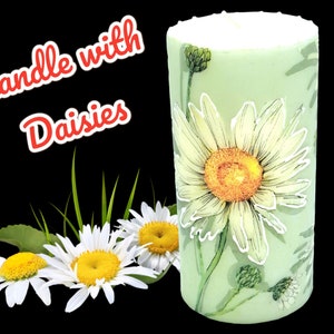 Daisy flowers Candle • Candle with daisies, Daisy flowers 3"×6" unscented candle/pillar with white flowers, Floral gift 1 pcs