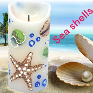 LED pillar candle with Sea shells • LED real wax candle • Flameless candle with sea shells and Starfish • Beachy gift candle • 1 pcs • 3&quot;×6&quot;
