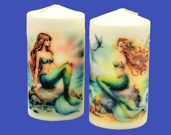 Beautiful Mermaids Candle Set: of 2 Decoupage Pillar Candles with Mermaids, Sea Decor, 3x5"