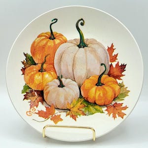 Decorative plate with Harvest Pumpkins and stand, decoupage Autumn home decor Flameless Pillar Thanksgiving decor