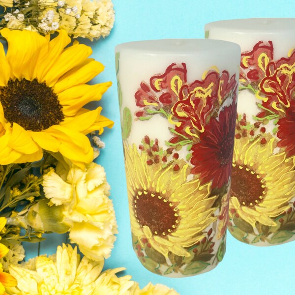 Botanical Candle "Gerbera and Sunflower", candle/pillar with flowers, unscented, decorated pillar with red yellow flowers 1 pcs 6" tall.