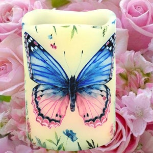 Butterfly LED Candle: Pink & Blue Flameless Wax Candle with Timer