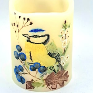 Yellow Bird candle, Bird and Blueberry Branch LED Candle: Flameless Wax Pillar, 3x4&quot;